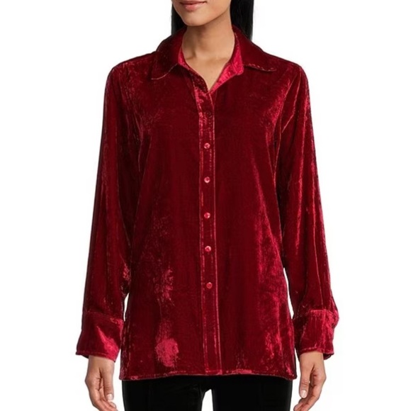 John Mark Velvet Point Collar Long Sleeve Button Front Tunic Scarlet Romantic - Picture 1 of 7